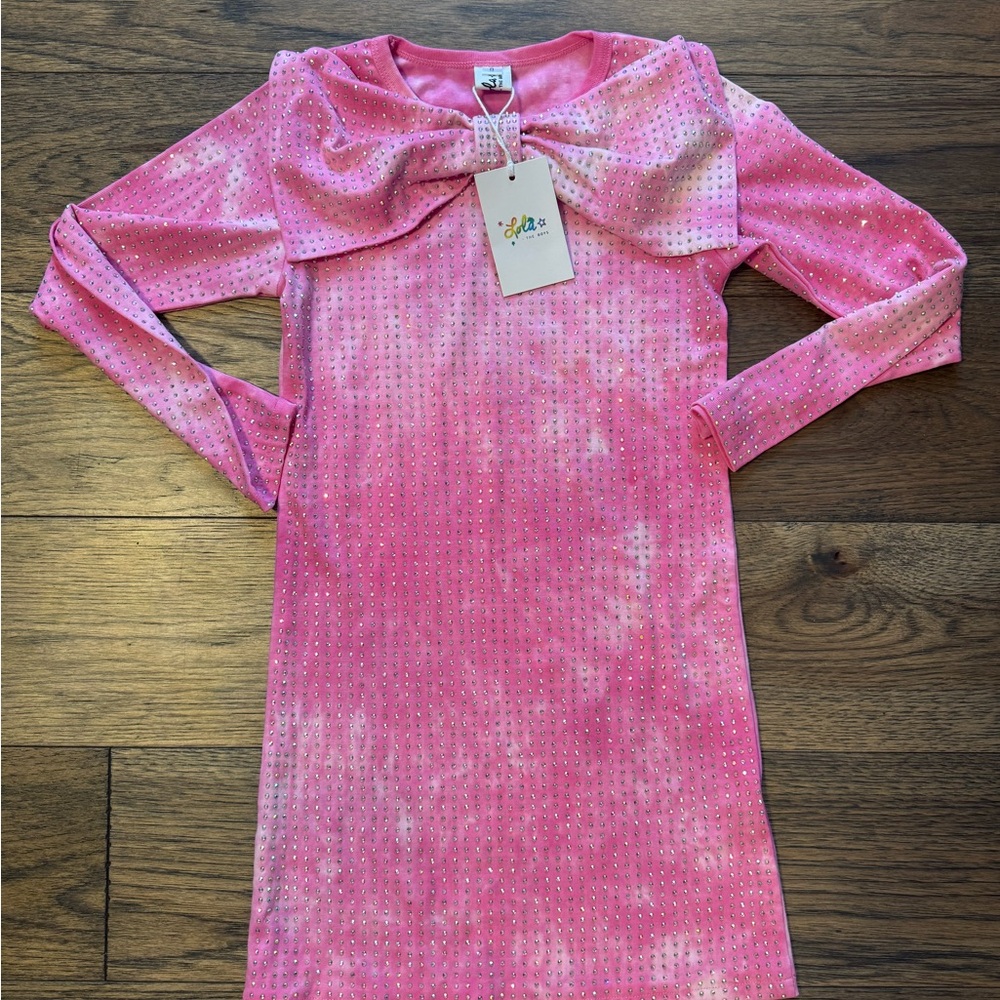 Girls Pink Rhinestone Dress with Bow